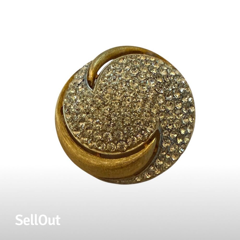 Vintage JJ Jonette Gold Rhinestone Swirl Dome Brooch Signed